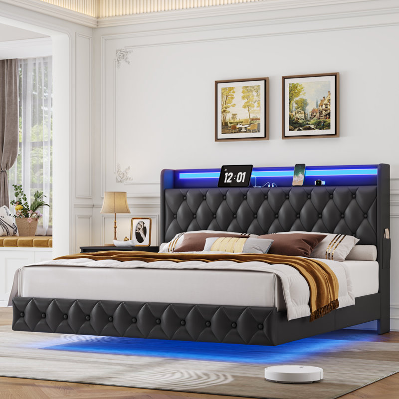 Ensemble de chambre à coucher 3 pièces, lit flottant avec port de charge, Noir, Très grand