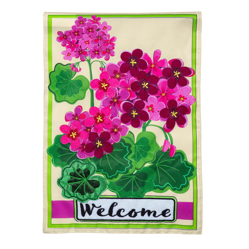 Drapeau de jardin rose géranium appliques de bienvenue