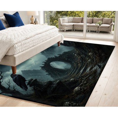 Tapis de style gothique foncé fantaisie, motif de paysage nocturne de lune de crâne de corbeau, artistique artistique, lavable à la machine, envers antidérapant, tapis d'intérieur unique pour le salon, la chambre à coucher, un appartement