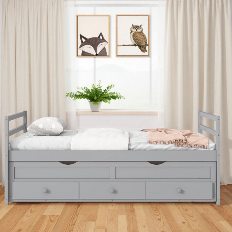 Lit plateforme classique avec lit gigogne et tiroirs de rangement pour les petits espaces, Gris