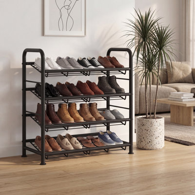 Stackable 4-Tier Shoe Rack – Heavy Duty Metal Organizer Shelf for Entryway or Closet – Freestanding, Space-Saving Tower Holds Up to 16 Pairs – Black,