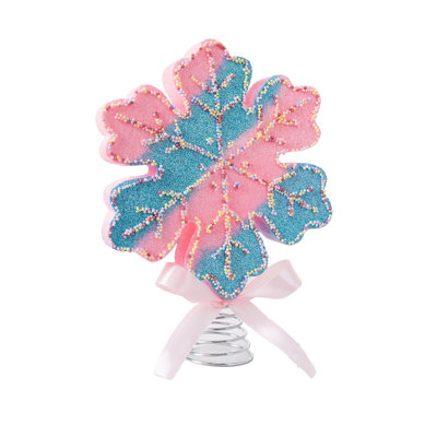 P lastic Top Star Candy Style Snowflake Christmas Tree Topper Gradient Glitter Beaded Snowflake Tree Top Ornament With Satin Bow And Metal Spring Base