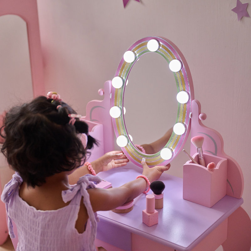 Teamson Kids Little Princess Pink Rapunzel Vanity With LED Illuminated Mirror