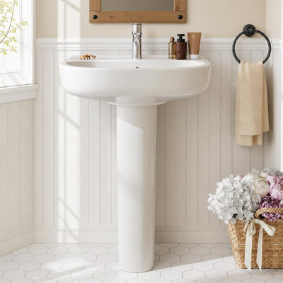 Pedestal Sink – Rectangular Ceramic Bathroom Sink, White Freestanding Pedestal Sink with Single Hole Faucet, Overflow & Integrated Backsplash