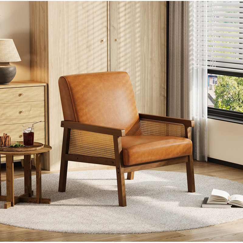 Chaise d'appoint en polyuréthane et rotin avec cadre en bois enveloppé, salon moderne à haut dossier confortable pour le salon ou la réception, brun