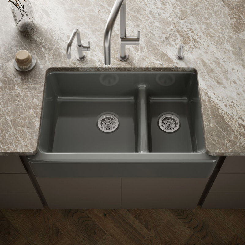 Whitehaven 36" L x 22" W Double Basin Farmhouse Kitchen Sink, Thunder Gray