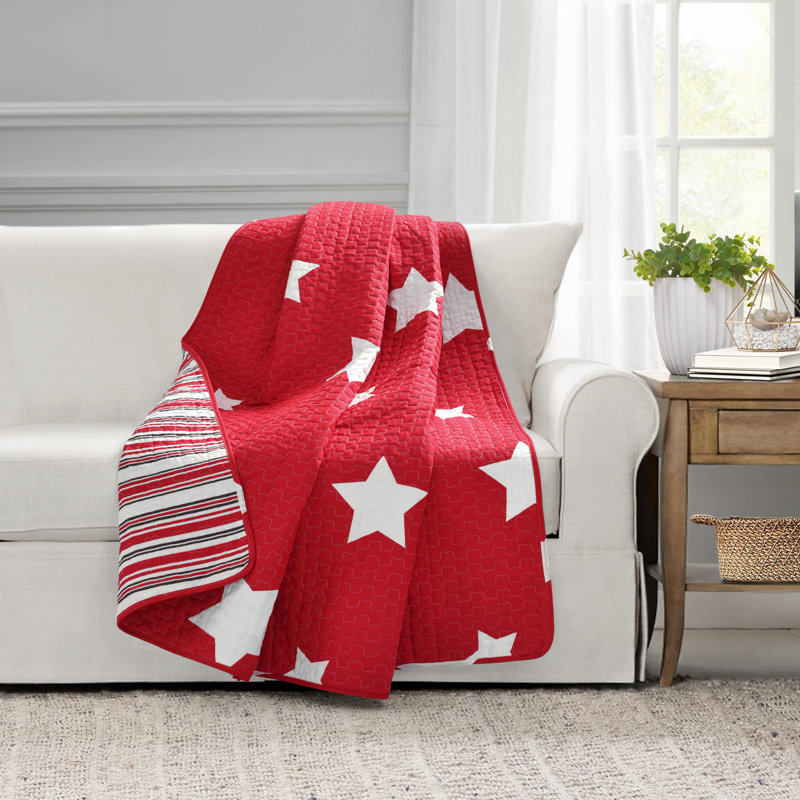 Red and White Cotton Reversible Star Throw Blanket