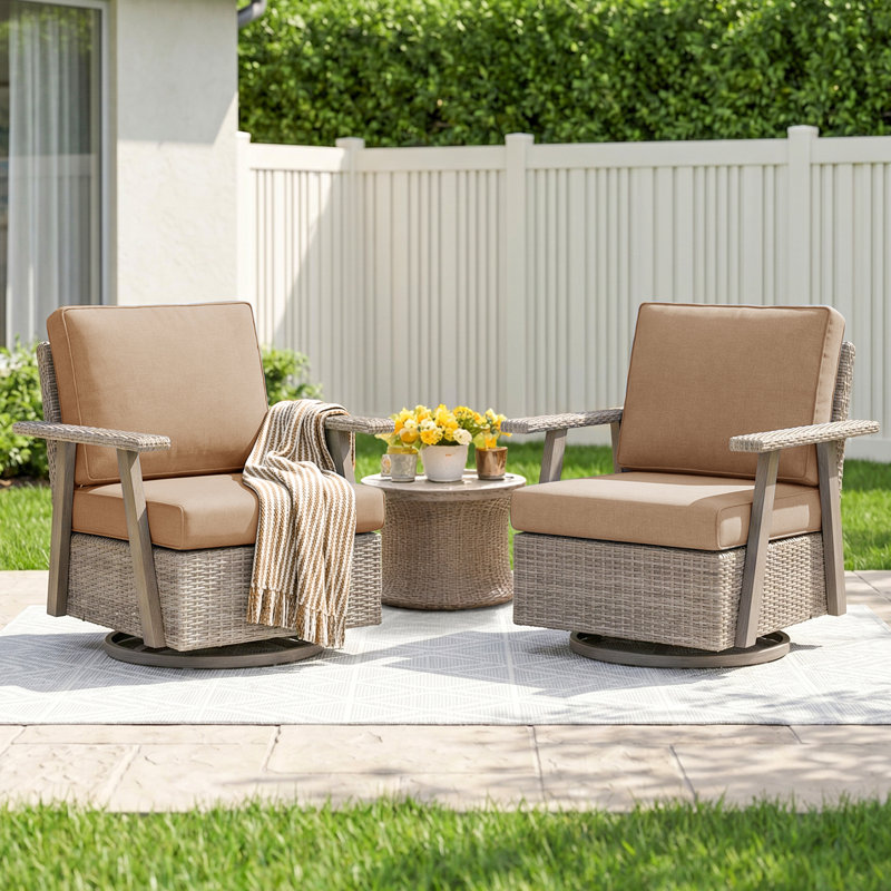 Chaises berçantes pivotantes d'extérieur 2 pièces Constantino, balançoire de patio en osier 360 ° avec coussins, rotin toutes saisons pour porche