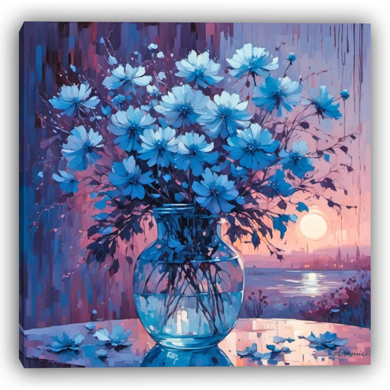 «Twilight Blues Floral» dans un vase en verre - Art mural sur toile tendue, H 12 po x l 12 po