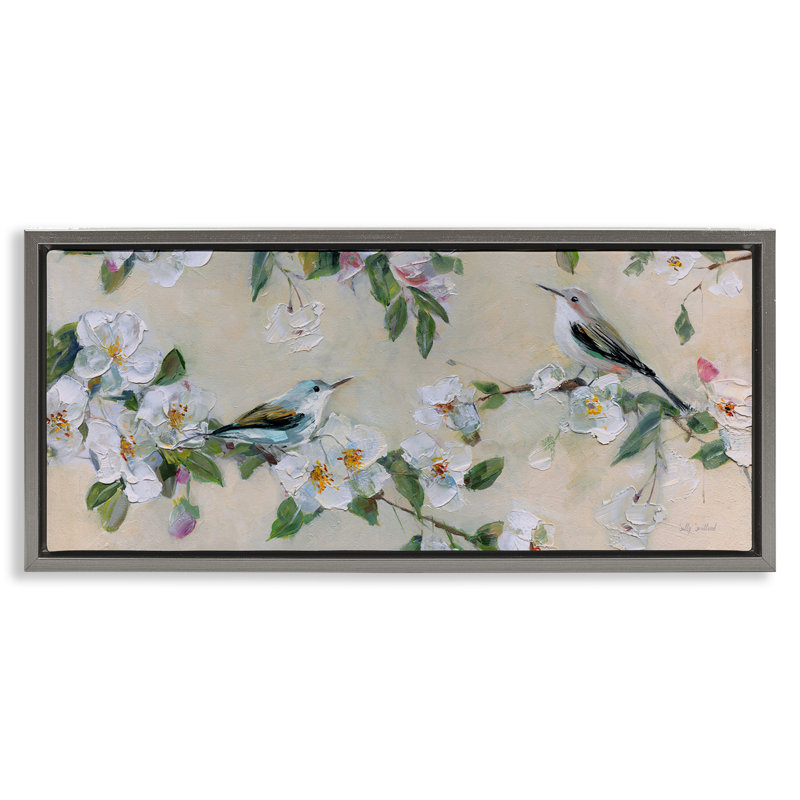 Moineaux et fleurs de pommier, H 11 po x l 25 po, Cadre flottant gris lustré