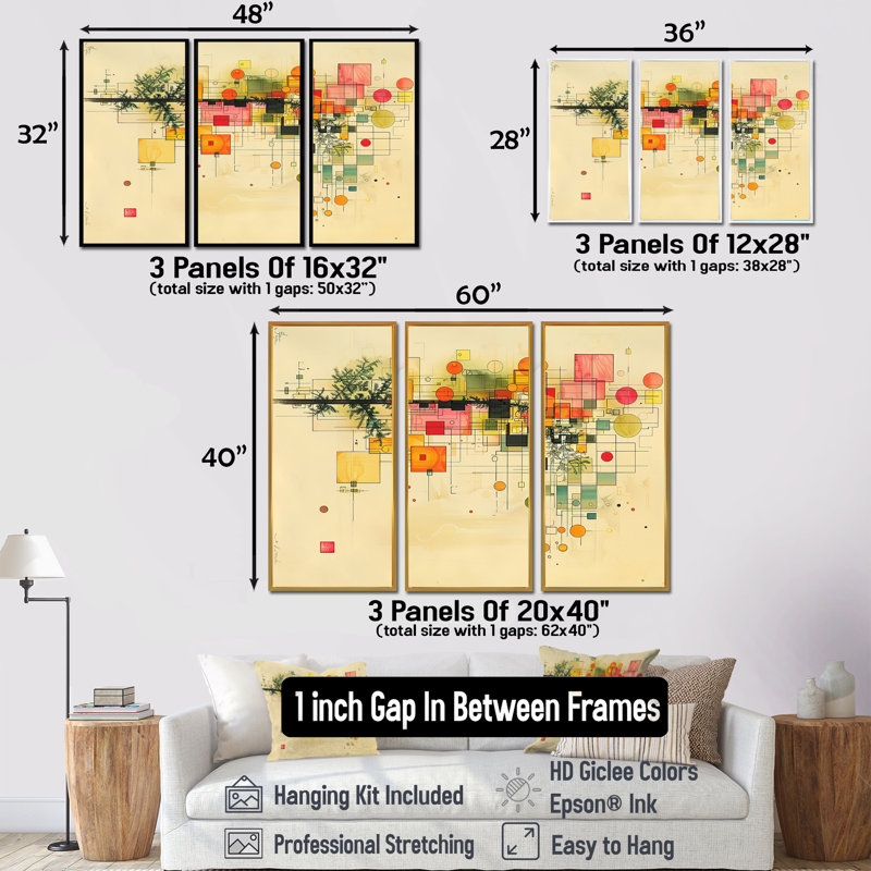 «Subtle Tree Realms Retro Colors» - ensemble d'art mural abstrait Mid-Century, Cadre flottant noir