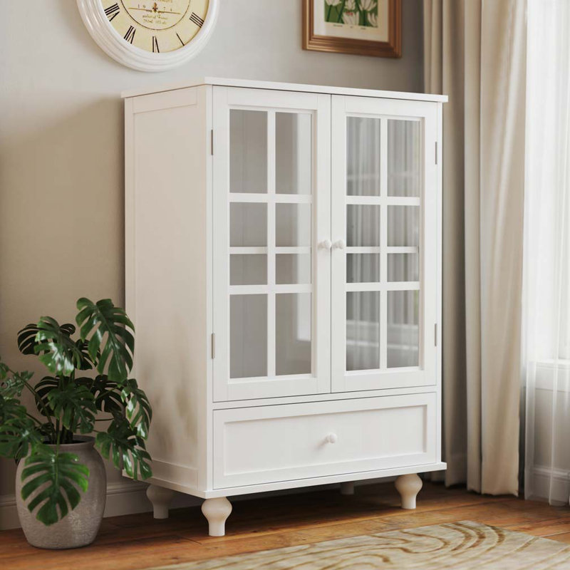 Armoire de rangement avec portes doubles en verre et tiroir, Blanc