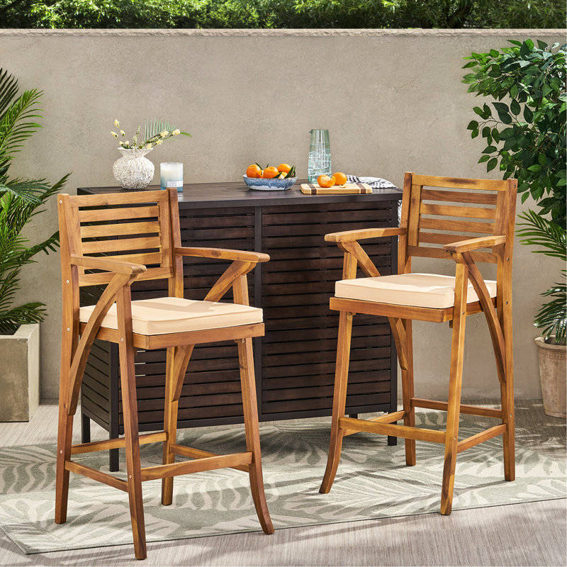 Tabourets en bois avec coussins et repose-pieds amovibles, résistants à l'eau, hauteur 116,2 cm, couleur marron, lot de 2, profondeur 59 cm.