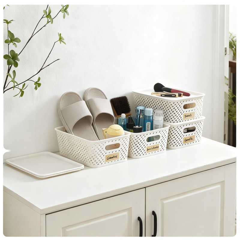 Paniers de rangement empilables en plastique avec couvercles, contenants tissés en sergé pour garde-robe de bureau personnel