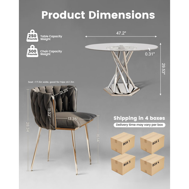 Ensemble de table de salle à manger ronde 47,2 "pour 4, 5 pièces, ensemble de table de salle à manger en verre trempé avec 4 chaises rembourrées en velours, pour cuisine, appartement