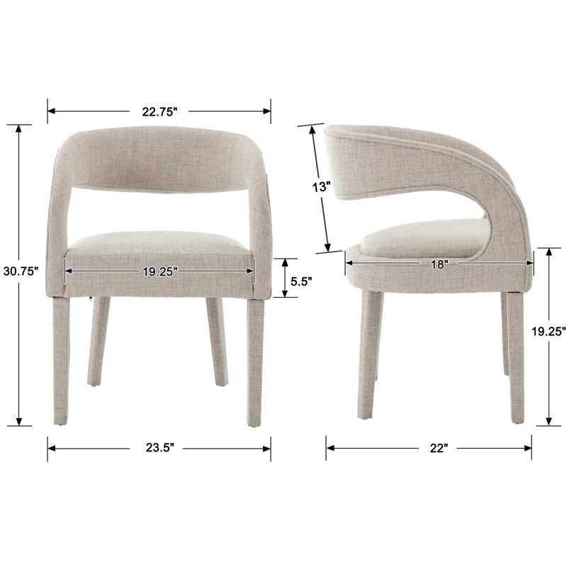Beige Linen Upholstered Arm Chairs with Wood Legs, Set of 2