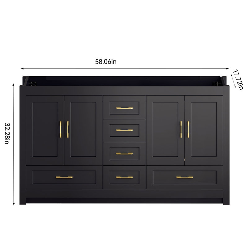 Meuble-lavabo 60 po. Armoire de rangement abondante - 4 portes à fermeture douce et 5 tiroirs, Noir