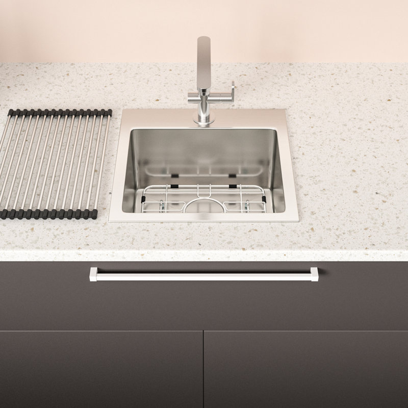 15X15x9" Drop-In Stainless Steel Sink, 16 Gauge, Rust & Wear , Soundproof Padding, Included Drying Rack And Template Drop-In Construction, Easy Drainage, With Pad