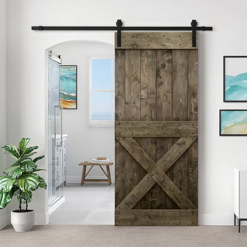 Porte de grange à panneaux et en bois avec quincaillerie d'installation, 42" x 84", Espresso, Noir mat
