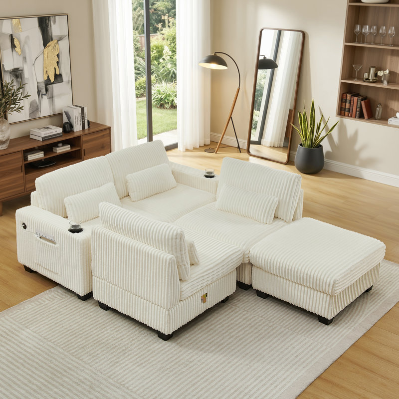 Canapé modulaire en L Corduroy avec repose-pieds détachable, accoudoirs latéraux doubles, poches de rangement intégrées et porte-gobelets, pieds de support en plastique robuste pour le salon - beige