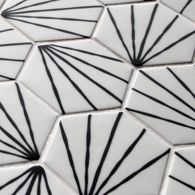 11.8" x 10.2" Art Deco Hexagon Recycled Glass Floor & Wall Mosaic Tile, White