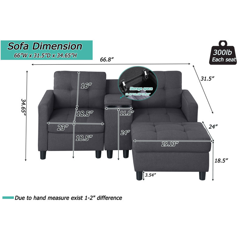 66.8" Upholstered Loveseat Sofa With Ottoman And Storage&Cup Holder& Usb Ports Stand Console, Dark Gray