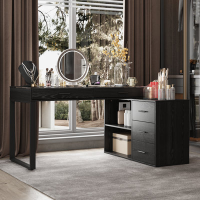 Makeup Vanity Table With Extendable Side Cabinet