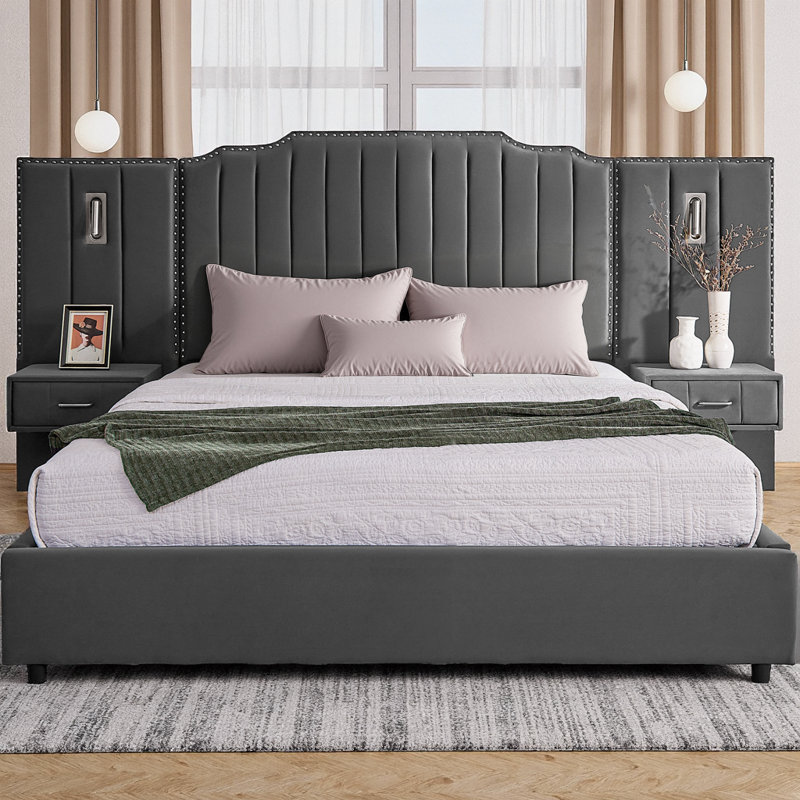 Cocoon Queen Size Upholstered Bed Frame with Velvet Headboard, Vertical Stripe & Button Design, Integrated Bedside Table & Adjustable Lamps, Modern Platform Bed - No Box Spring Needed