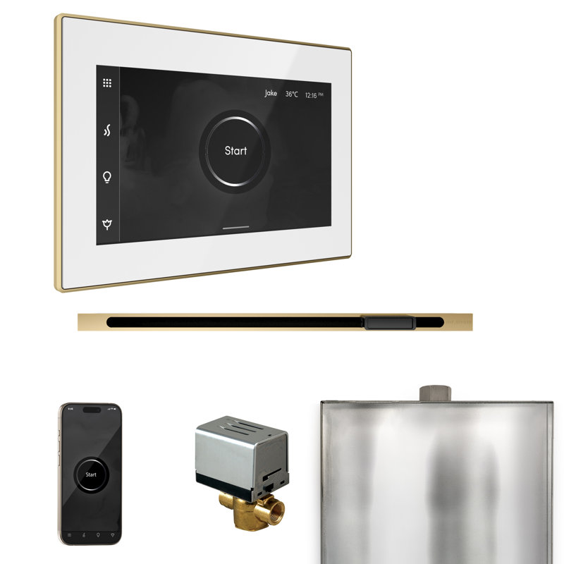 XButler Steam Shower Control Package with iSteamX Control and Linear Steamhead in White , Satin Brass