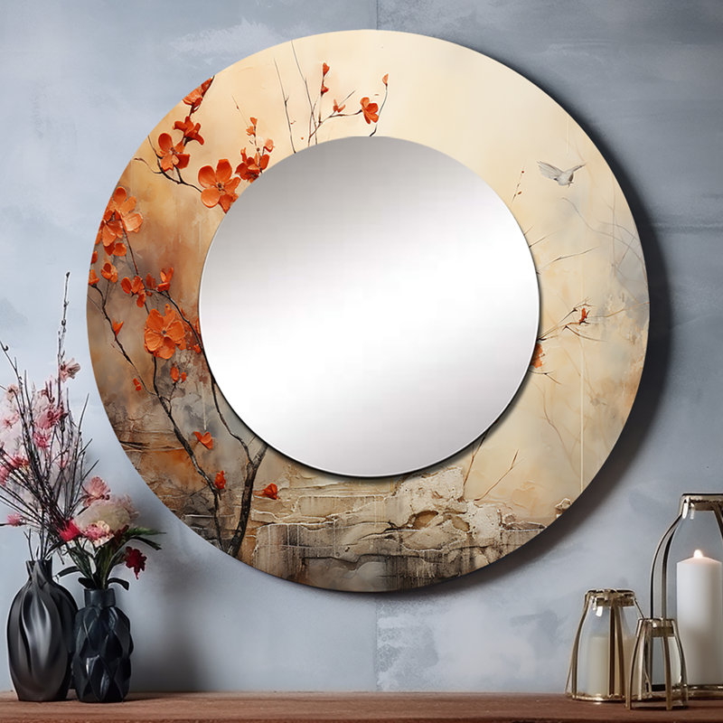 «Sauncho Maple Trees Glowing Embers I» - miroir en érable, miroir mural décoratif rond traditionnel, impression d'art en métal