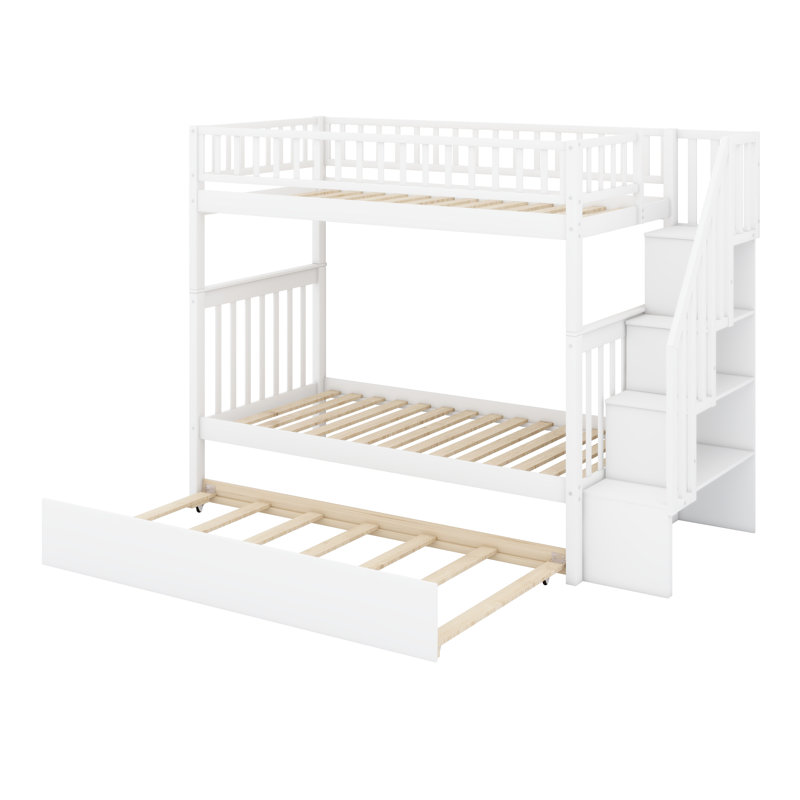Lit superposé en bois avec garde-corps, lit gigogne et rangement pour escalier, Blanc