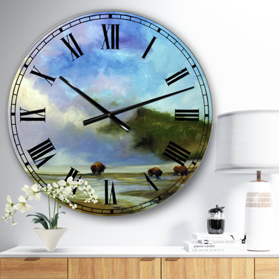 Horloge murale Yellowstone Buffalo Landscape - Large Lake House
