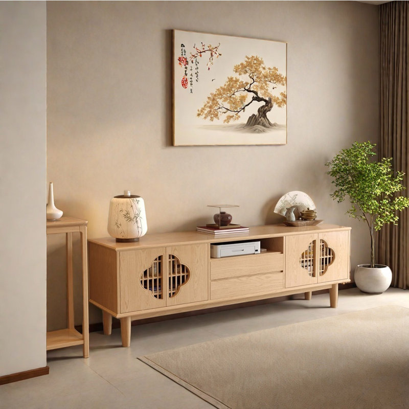 Meuble télé en bois massif de style chinois, Burlywood, 70.87"