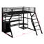 Lit mezzanine double en métal avec poste de travail intégré, garde-robe ouverte, DEL et rangement multiple