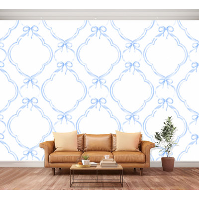 Panneau mural pelez et collez, ruban bleu, arc, coquette, jolies banderoles, esthétique, grand papier peint blanc, papier autocollant amovible, décoration murale pour le salon, chambre à coucher, chambre de bébé H 100 po x l 144 po