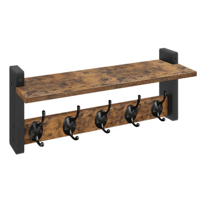 Wall Shelf With 5 Metal Hooks Rustic Brown, Wood Coat Rack For Entryway Bathroom Bedroom