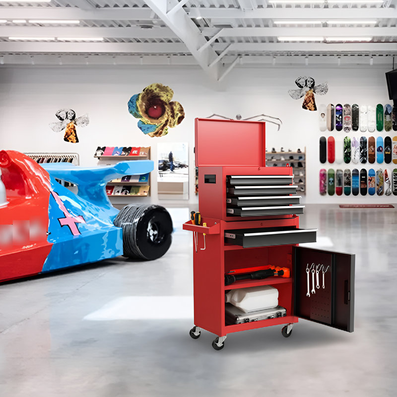 Coffre à outils détachable avec roulettes verrouillables et surface pour atelier de garage, Red