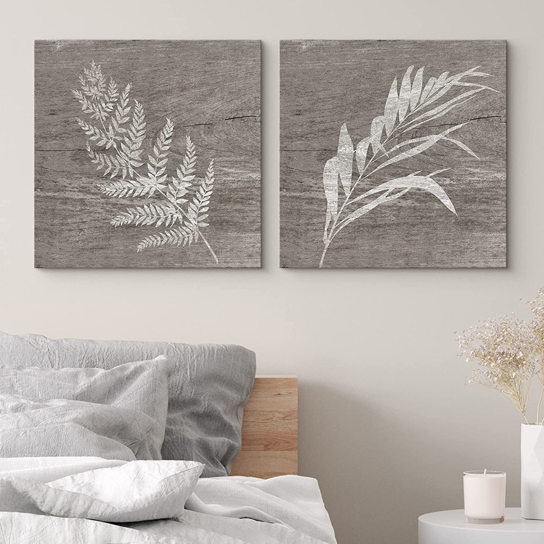 White Foliage on Wood Effect Background - 2 Piece Wrapped Canvas Print Set IDEA4WALL 