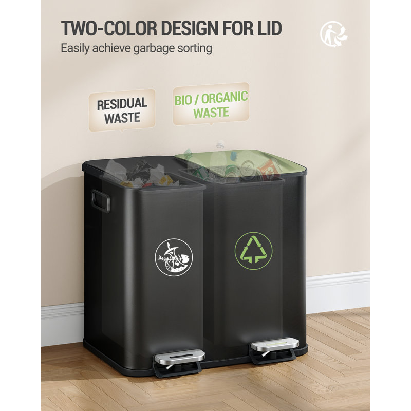 Kitchen Bin, 2×15 L/2×30 L/3×18 L Pedal Bin for Recycling and Waste, Colored Soft-Close Lid, Stainless Steel Bins with Removable Inner Buckets, Includes 15 Trash Bags