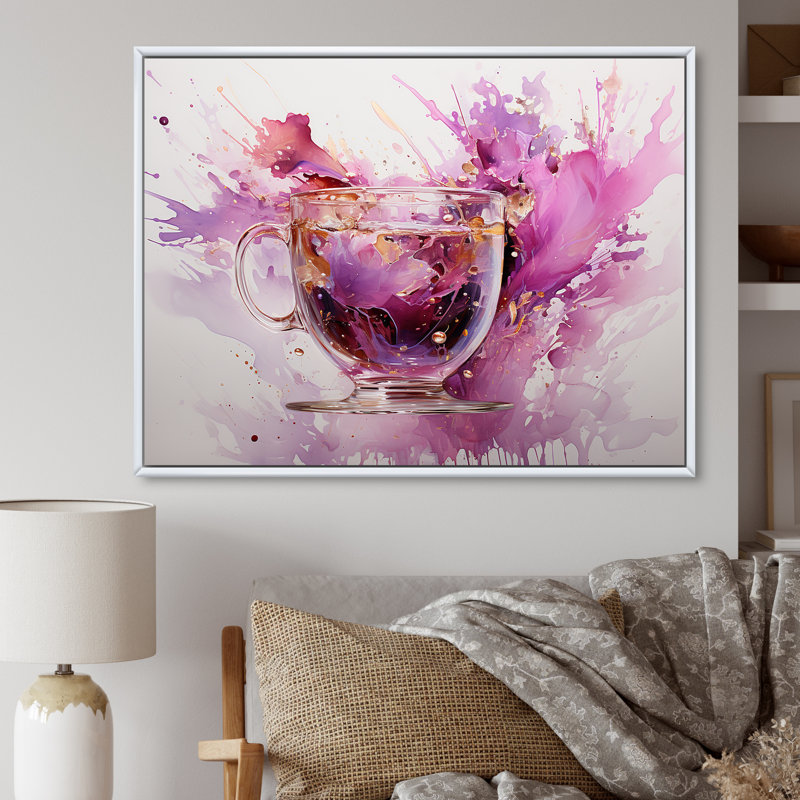 Vibrant mauve éclaboussures de vin - art mural vin, Cadre flottant brun, H 16 po x l 32 po x P 1 po