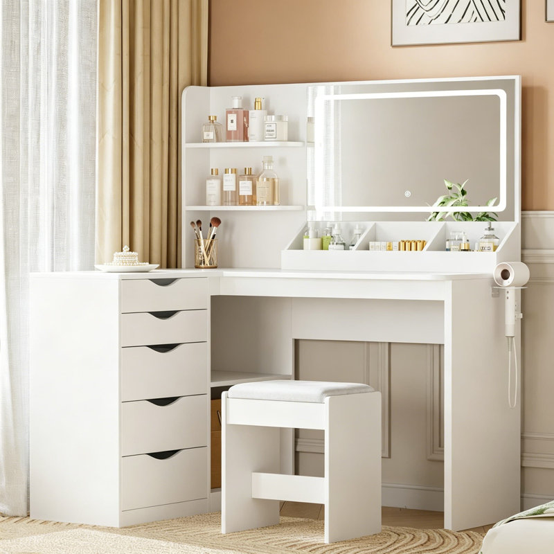 L-Shaped Makeup Vanity Desk With LED Mirror And Lights, Modern Vanity Table With 5 Drawers And Adjustable Shelves, Power Outlet With Fast Charging USB-C, For Bedroom
