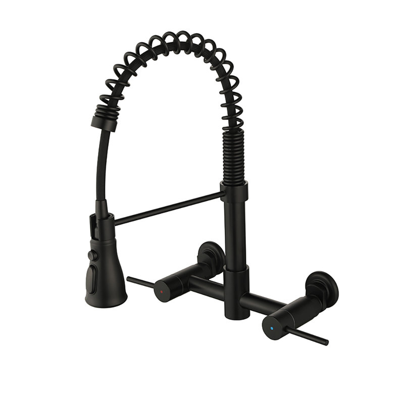 Matte Black 8 Inch Center Wall Mount Kitchen Faucet   Transitional Bridge Kitchen Faucet with Pull-Down Sprayhead