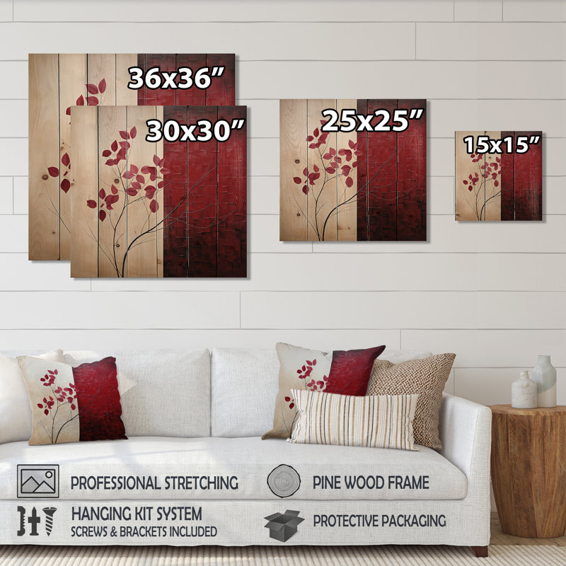 «Bordeaux Bold Leaf I - Leaves Wood», art mural sur bois de pin naturel, H 36 po x l 36 po