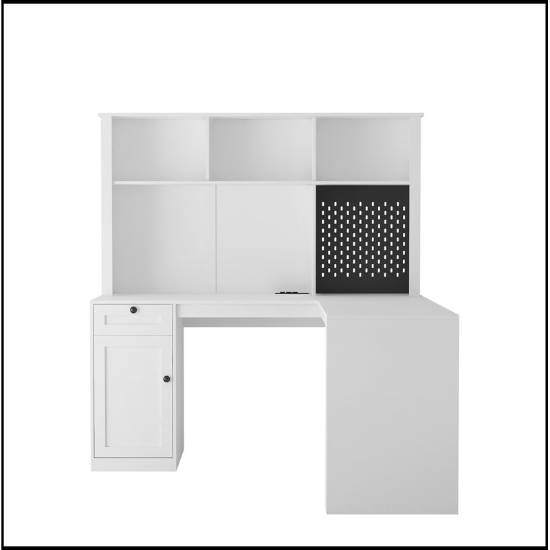 Bureau en L avec prise intégrée, bureau d'ordinateur avec tiroirs, bibliothèque et huche pour une efficacité maximale de l'espace