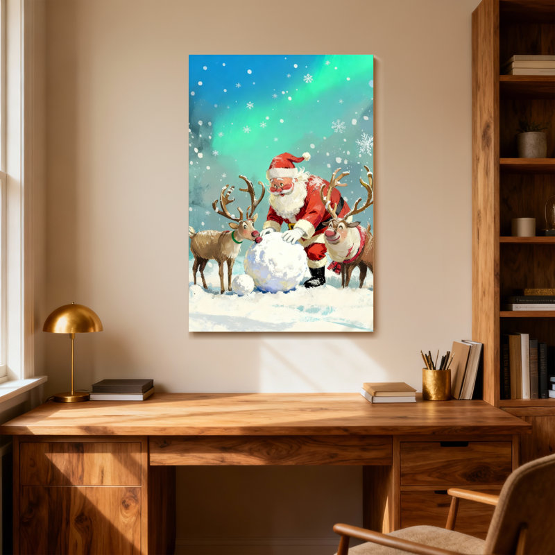 Christmas Santa With Reindeer And Snowball, 18" H x 12" W