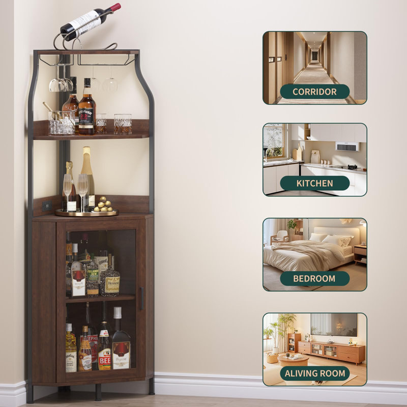 Bar d'angle avec portes, armoire à vin et à vin industrielle à 5 niveaux, mobilier moderne avec tablettes réglables, Brown