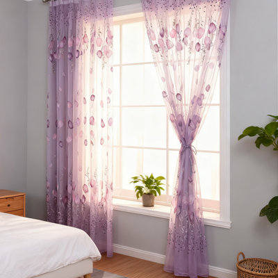 4 Panels Tulle Curtains, 100x200 cm Tulip Print Tulle Sheer Curtains, Rod Pocket, Living Room Bedroom Decor, Purple