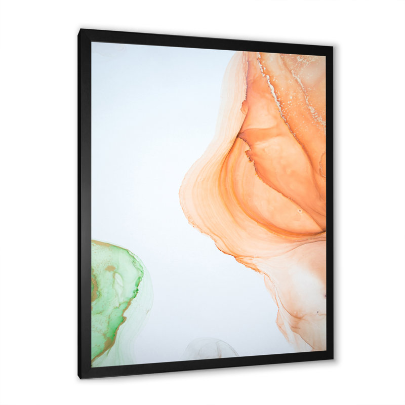 Art mural liquide sur fond vert et orange II, Cadre noir, H 12 po x l 8 po x P 1 po