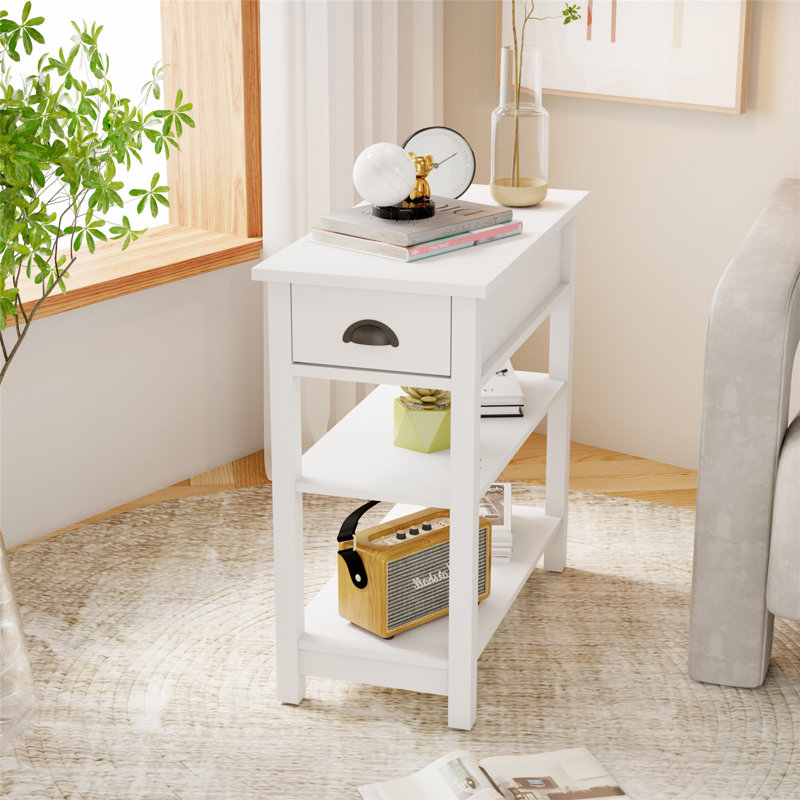 Wood Narrow Sided, Table Sofa Side Table with Drawers and Partition in 180 Flip Over Design, White