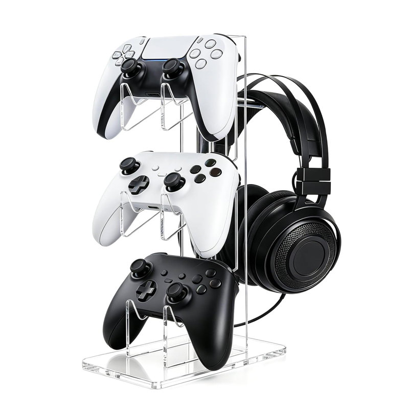 3 Tier Acrylic Controller Stand with Headset Holder, Universal Gaming Controller Display Rack Compatible with PS5 PS4 Xbox Switch PC(Transparent)